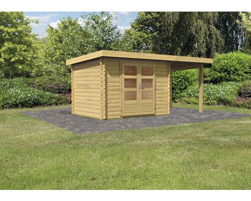 Chalet de jardin en madriers Karibu Noorvik 3 avec toit en appentis 2 m 514 x 273 cm naturel Chalet de jardin en madriers Karibu Noorvik 3 avec toit en appentis 2 m 514 x 273 cm naturel