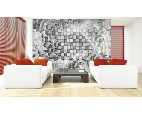 Salon avec papier peint photo à l''aspect cubique, canapés blancs et stores vénitiens