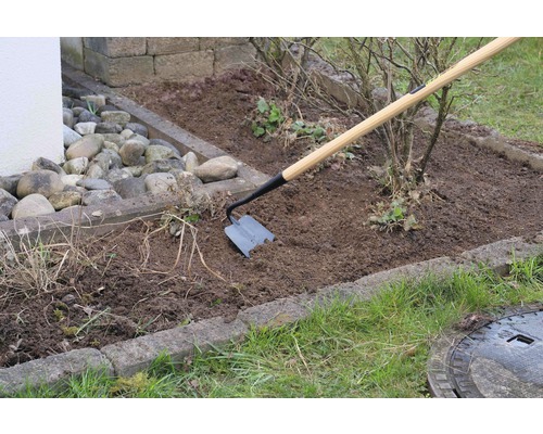Sarcloir à jardin avec manche en bois utilisé dans un parterre