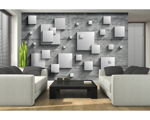 Salon avec papier peint imitation béton gris et carrés blancs en 3D