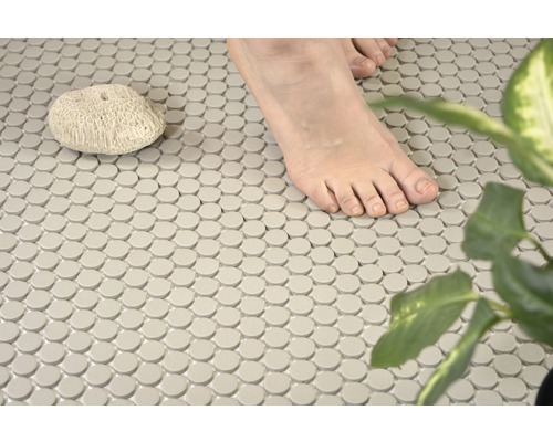 Badezimmerboden mit Mosaikfliesen, Fuss, Stein und Pflanze