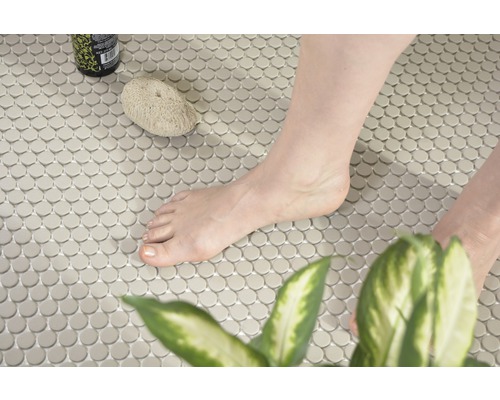 Fliesenboden mit Mosaikmuster, Bimsstein, Hautpflegeprodukt und Pflanze