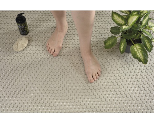 Badezimmer mit Mosaikfliesen, Seife, Bimsstein und Zimmerpflanze