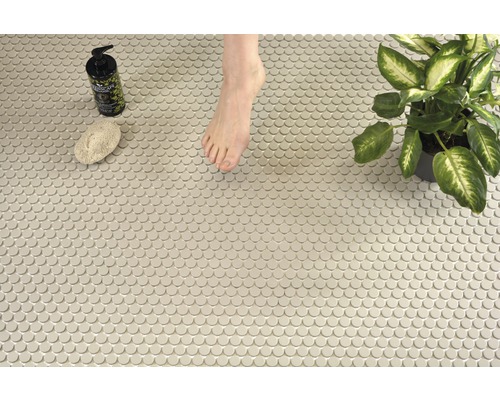 Mosaikfliesen im Badezimmer mit Fuss, Pflanze, Bimsstein und Seife