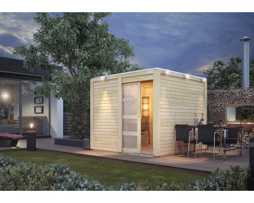 Gartenhaus Karibu Carlson mit selbstklebender Dachfolie und Aluminium Abtropfwinkel 246x246 cm natur