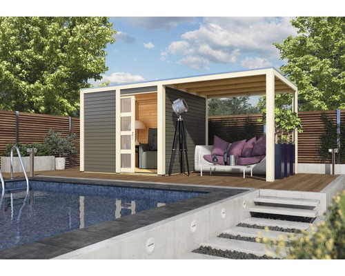 Gartenhaus Karibu Carlson mit Schleppdach, selbstklebender Dachfolie und Aluminium Abtropfwinkel 246x246 cm terragrau