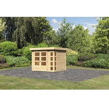 Abri de jardin en bois avec toit plat et fenêtres dans le jardin