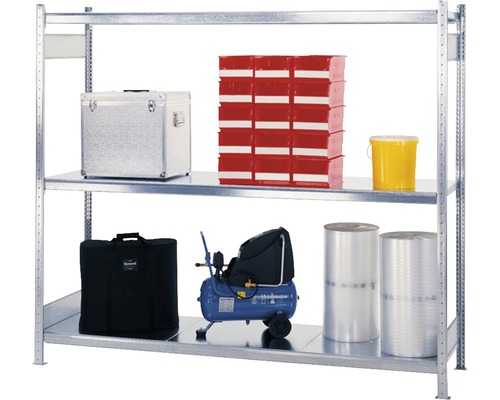 Étagère avec boîtes de rangement, coffre à outils, compresseur et autres équipements