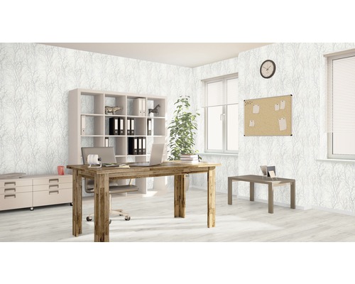 Bureau avec bureau, étagère, tableau d''affichage et papier peint à motif de branches