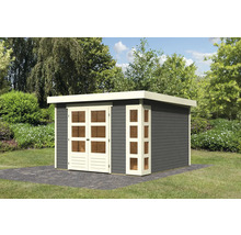 Abri de jardin avec porte double et fenêtre dans un jardin