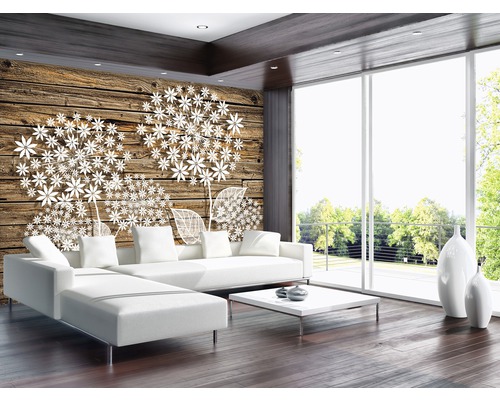 Salon avec mur en bois, coin canapé et motif de pissenlit