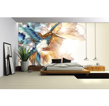 Chambre avec papier peint photo représentant un colibri et un motif floral.