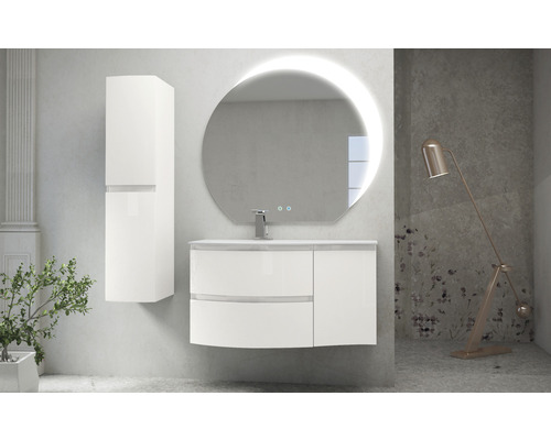 Modernes Badezimmerensemble mit Waschtischunterschrank, Spiegelschrank und rundem Spiegel mit Beleuchtung.