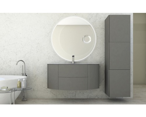Salle de bains moderne avec meuble-lavabo gris, armoire de toilette et miroir éclairé