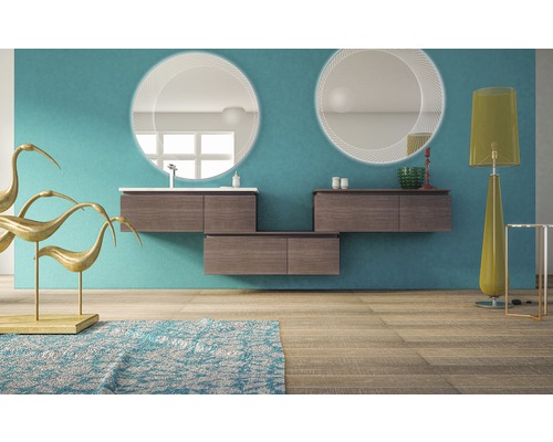 Salle de bains moderne avec lavabos, miroirs ronds, décoration et tapis