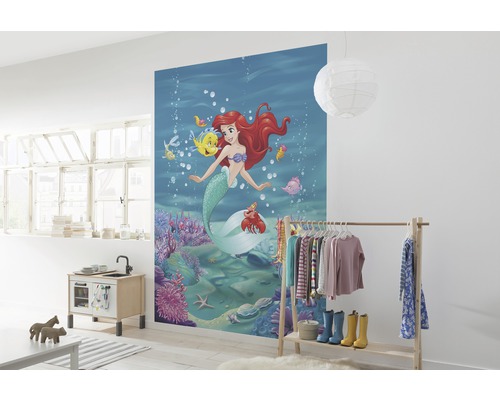 Pièce avec une fresque murale d''Ariel la petite sirène et un portant pour vêtements d''enfants