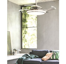 Ventilateur de plafond avec éclairage au-dessus d''un canapé dans un salon.