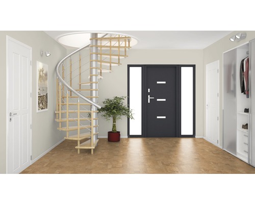 Helle Diele mit Wendeltreppe, Haustür und Garderobe