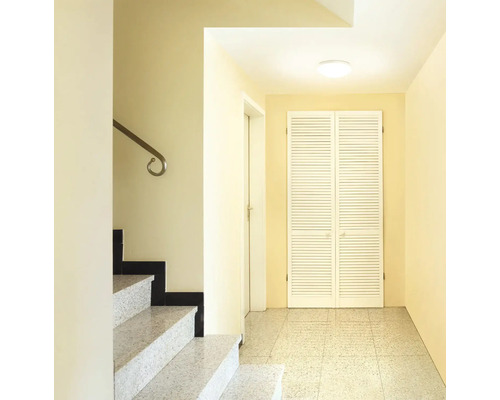 Couloir clair avec escalier, armoire et plafonnier