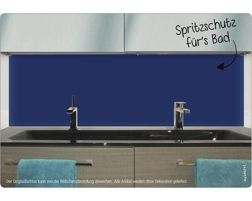 Badezimmer mit Waschbecken, Armaturen und blauem Spritzschutz