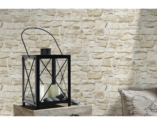 Papier peint photo avec aspect mur de pierre et lanterne noire