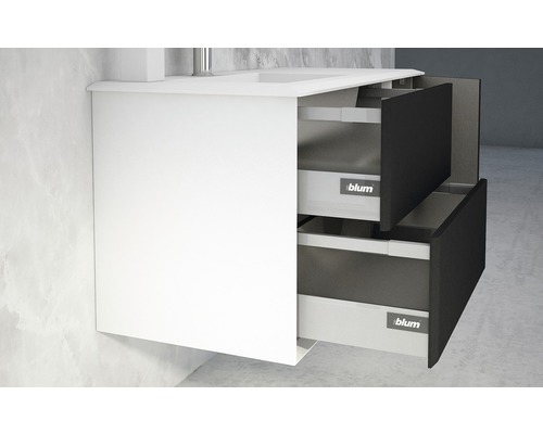 Meuble sous-lavabo avec deux tiroirs ouverts