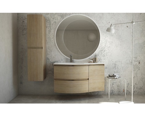 Salle de bains moderne avec meuble-lavabo, armoire de toilette et miroir rond avec éclairage