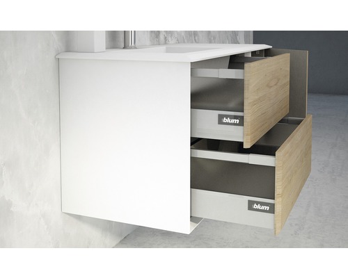 Waschtischunterschrank mit zwei offenen Schubladen mit Holzfront