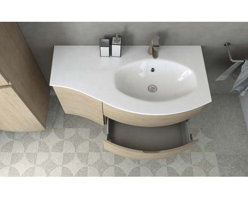 Salle de bains moderne avec meuble sous-lavabo, lavabo et tiroir ouvert