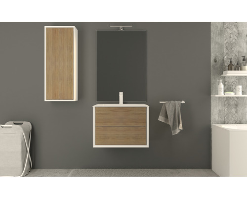 Modernes Badezimmer mit Waschtischunterschrank, Spiegelschrank und Hochschrank