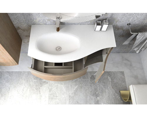 Photo d''une salle de bain avec meuble sous-lavabo, tiroir ouvert et robinetterie