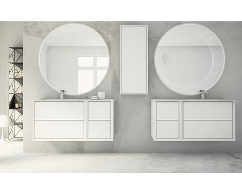 Salle de bains moderne avec meuble-lavabo double, miroirs ronds et armoire haute