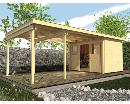 Holzgartenhaus mit überdachter Terrasse auf einer Holzplattform