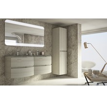 Salle de bains avec meuble sous-lavabo, armoire de toilette et armoire haute