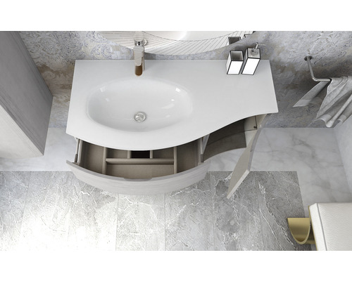 Badezimmerwaschtisch mit geöffneter Schublade, Waschbecken und Armaturen.