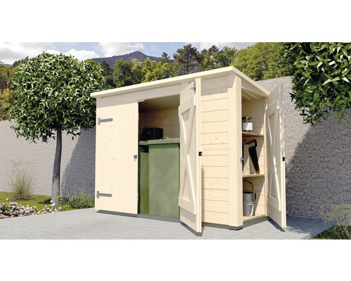 Gartenschrank aus Holz mit offener und geschlossener Tür, zur Aufbewahrung von Gartengeräten und Mülltonnen