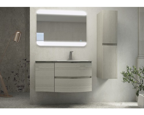 Salle de bains avec meuble sous-lavabo, armoire de toilette avec éclairage et armoire haute