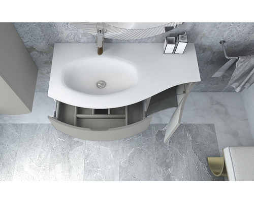 Meuble sous-lavabo de salle de bain avec tiroir ouvert, robinet et étagères