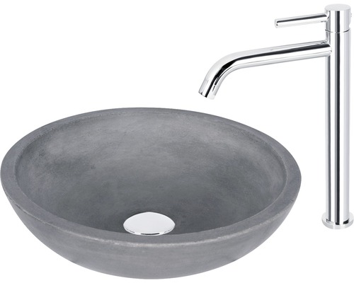 Aufsatzwaschbecken aus Beton mit Chromarmatur