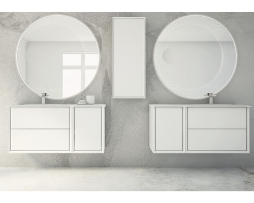 Scène de salle de bains avec deux meubles-lavabos, miroirs ronds et armoire suspendue