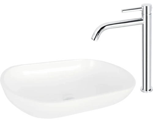 Aufsatzwaschbecken aus Keramik mit hohem Wasserhahn