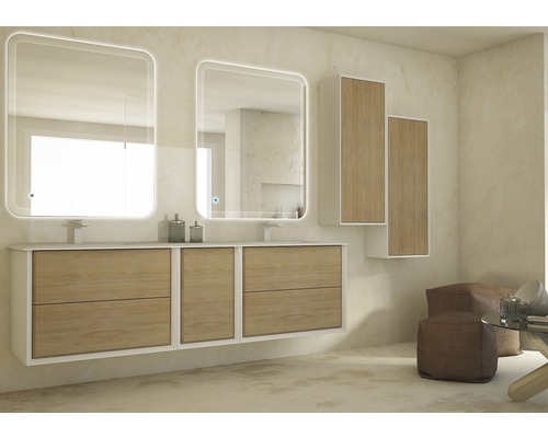 Salle de bains avec meuble sous-lavabo, armoire de toilette et armoires hautes