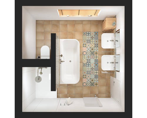 Vue plongeante d''une salle de bains avec baignoire, douche, toilettes et lavabos