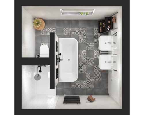 Draufsicht eines Badezimmers mit Badewanne, Dusche, Waschbecken und Toilette