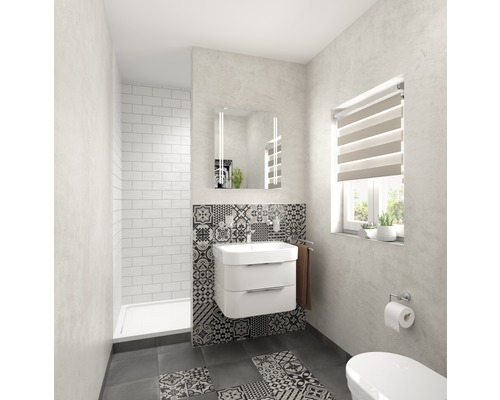 Salle de bain moderne avec lavabo, armoire de toilette, douche et carrelage à motifs