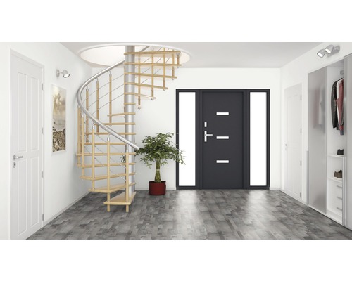 Flur mit Wendeltreppe, Haustür und Garderobe