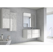 Modernes Badezimmer mit Waschbeckenunterschrank, Spiegelschrank und Spiegel mit Marmoroptik