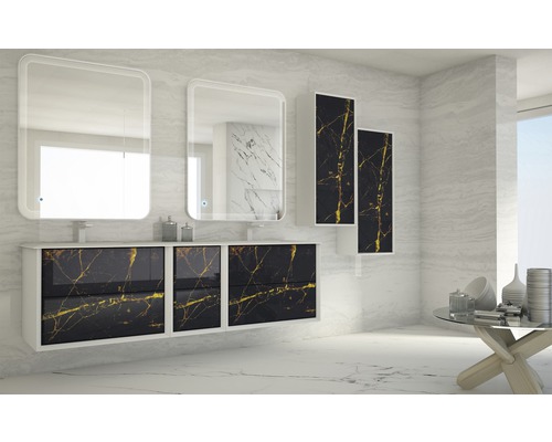 Modernes Badezimmer mit Waschtisch, Spiegel und Hochschränken im Marmor Design