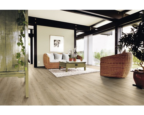 Séjour lumineux avec parquet, canapé et fauteuil en osier
