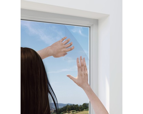 Frau bringt ein Insektenschutzgitter an einem Fenster an